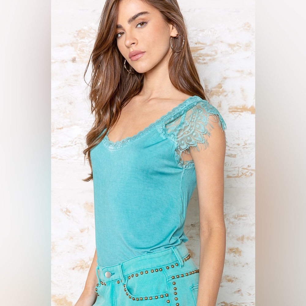 POL Aqua Eyelash Lace Sleeve Top with Scoop Neck